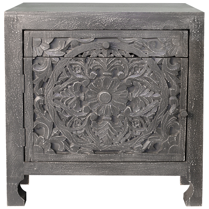 Деревянная тумба с резными ящиком и дверцей Azure Grey Wooden Nightstand Серый Деревянная тумба с резными ящиком и дверцей Azure Grey Wooden Nightstand Серый в Омске | Loft Concept