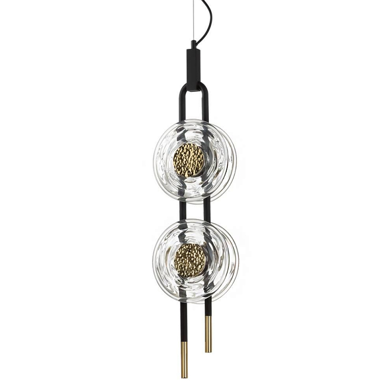 Подвесной светильник с 2-мя прозрачными стеклянными плафонами и золотистыми центральными вставками Virelia  Черный Прозрачное Стекло Золотой в Омске | Loft Concept 