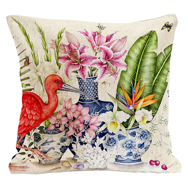 Декоративная подушка Flowers and Scarlet Ibis Pillow Мульти Бежевый Декоративная подушка Flowers and Scarlet Ibis Pillow Мульти Бежевый в Омске | Loft Concept
