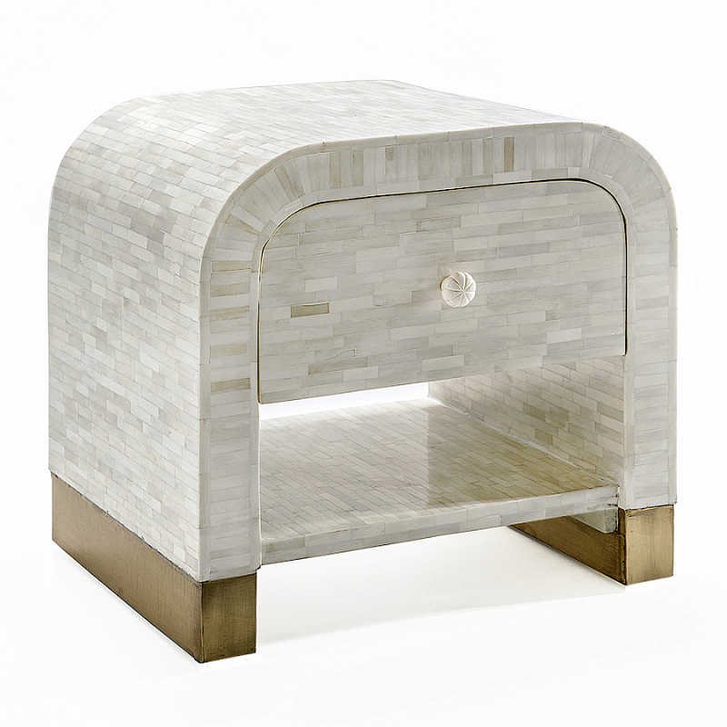 Тумбочка прикроватная с ящиком Tofino White Bone Inlay  Bedside Cabinet   ivory ( слоновая кость ) в Омске | Loft Concept 