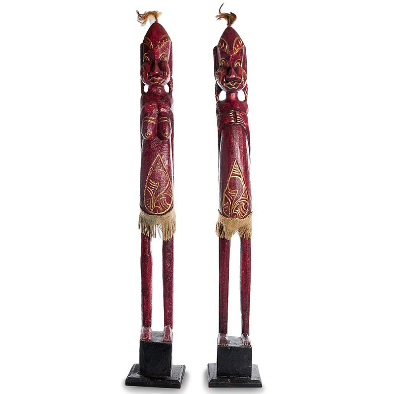 Комплект из 2-х деревянных статуэток Asmat Statuettes Red Красный Бежевый Золотой Черный Комплект из 2-х деревянных статуэток Asmat Statuettes Red Красный Бежевый Золотой Черный в Омске | Loft Concept
