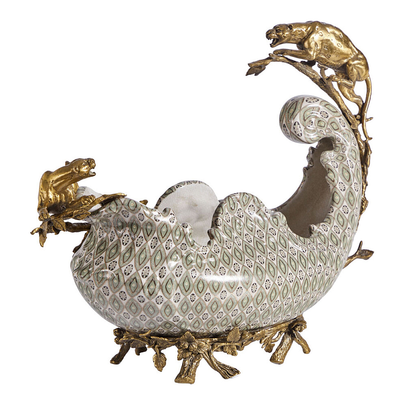 Чаша для фруктов из фарфора бронзовыми фигурками леопардов Eden Garden Мульти Бронза в Омске | Loft Concept 