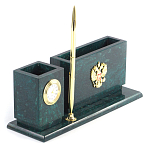 Настольный письменный набор с гербом России и часами из природного камня змеевик Successful Leader варинант исполнения - 2 | Loft Concept в Омске