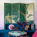 Обои ручная роспись в стиле Арт-деко Whistler Peacocks Original colourway on green painted silk варинант исполнения - 1 | Loft Concept в Омске