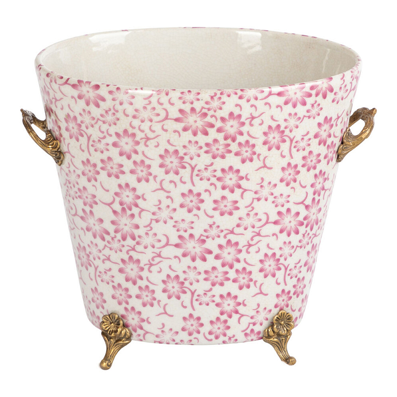 Кашпо из белого фарфора с розовым цветочным орнаментом Eden Garden Розовый Белый Бронза в Омске | Loft Concept 