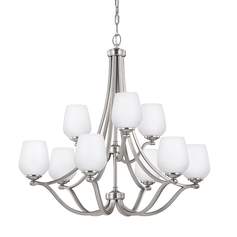 Люстра двухъярусная с белыми матовыми стеклянными плафонами в форме винных бокалов Feiss Никель Белый в Омске | Loft Concept 