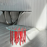 Дизайнерский журнальный стол с круглой прозрачной столешницей и основанием в виде красных металлических тросов Wires варинант исполнения - 2 | Loft Concept в Омске