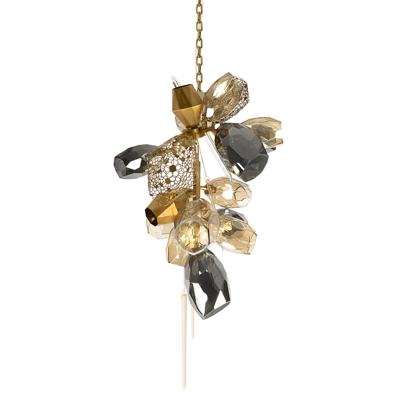 Люстра подвесная вытянутой формы с плафонами из стекла и металла с тремя вертикальными подвесками Gilded Mirage  Дымчатый (Smoke) Золотой Прозрачный в Омске | Loft Concept 