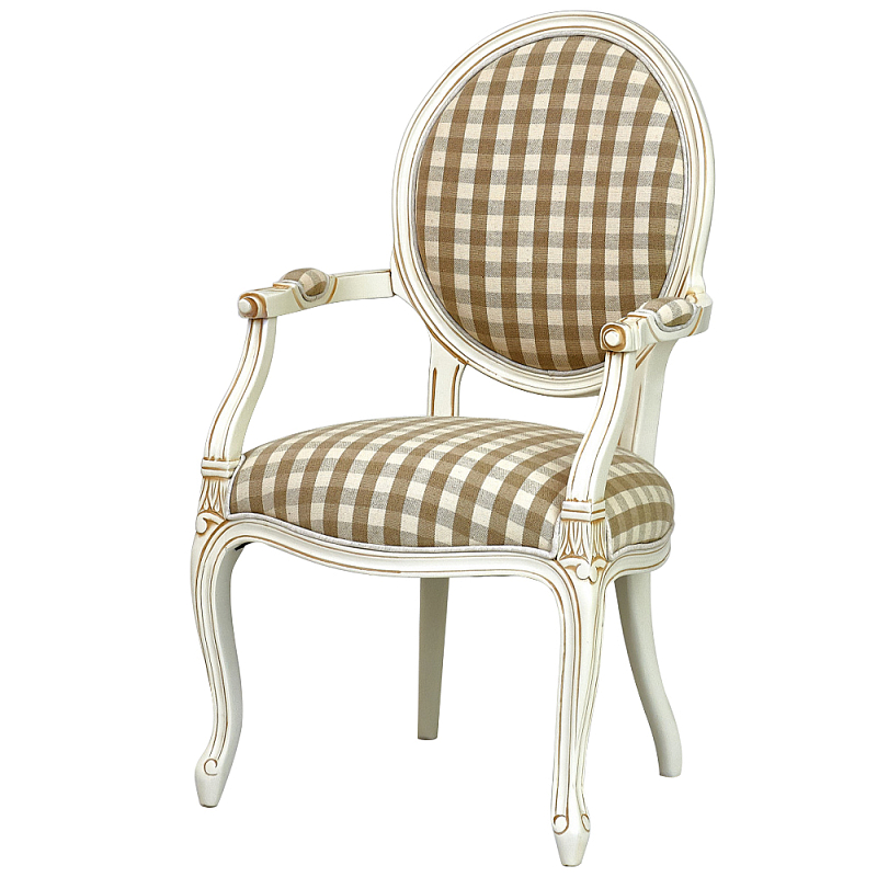 Стул с подлокотниками и круглой спинкой Checkered Upholstery Chair обивка в клетку ivory ( слоновая кость ) Коричневый Бежевый Стул с подлокотниками и круглой спинкой Checkered Upholstery Chair обивка в клетку ivory ( слоновая кость ) Коричневый Бежевый в Омске | Loft Concept