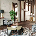 Дизайнерский журнальный стол округлой формы чёрный с золотой столешницей Fufem варинант исполнения - 3 | Loft Concept в Омске