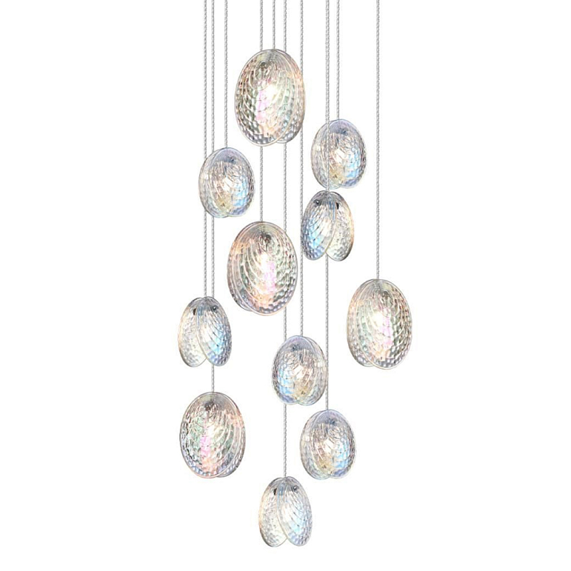 Люстра каскадная с 11-ю круглыми плафонами из рельефного стекла Disc Light Черный Прозрачный Перламутровый в Омске | Loft Concept 