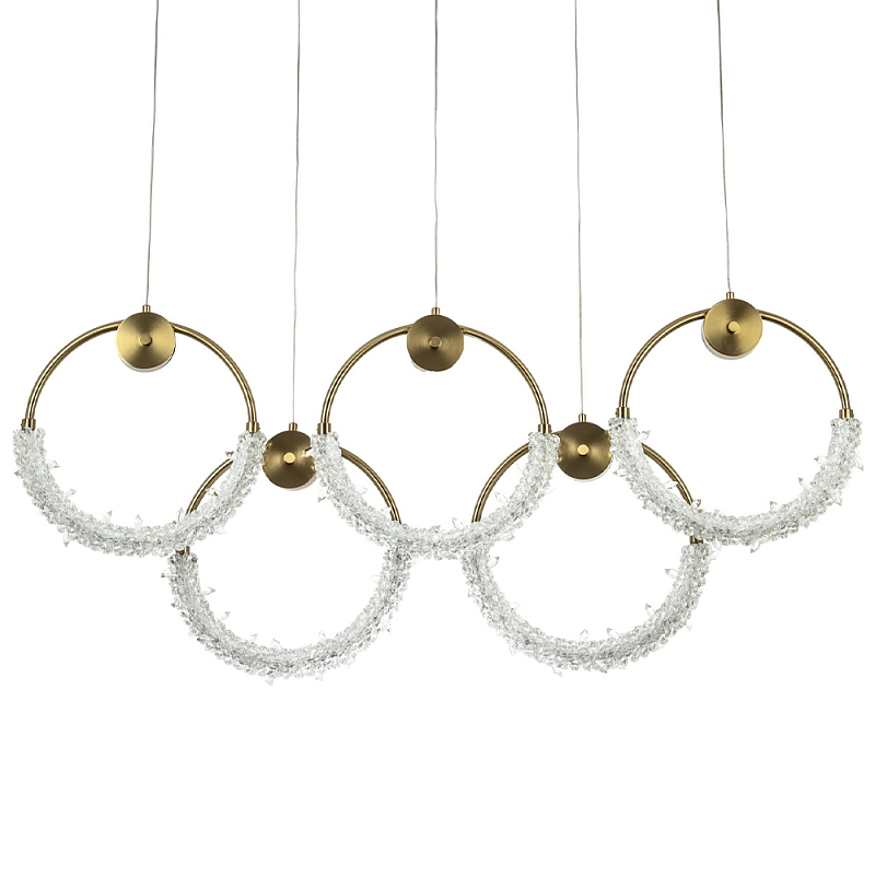 Линейная люстра с плафонами в виде пяти колец Five Rings Gilbertine Linear Chandelier Латунь Прозрачный в Омске | Loft Concept 