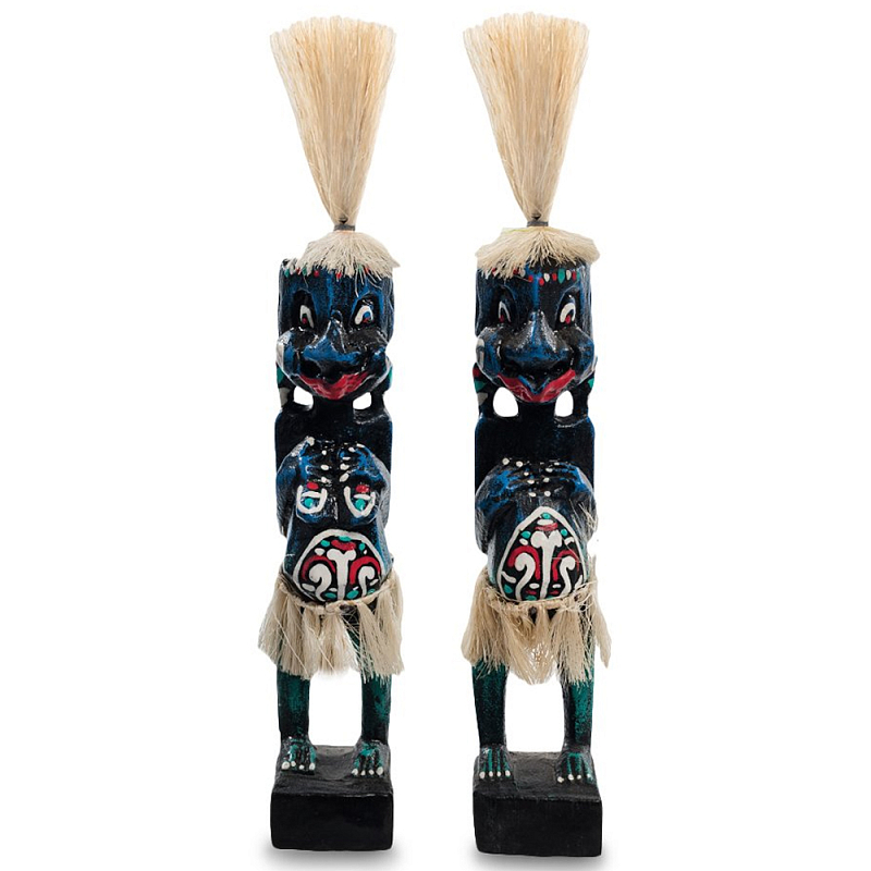 Комплект из 2-х деревянных статуэток Asmat Straw Headdress Statuettes Blue Red Черный Синий Красный Бежевый Мульти в Омске | Loft Concept 
