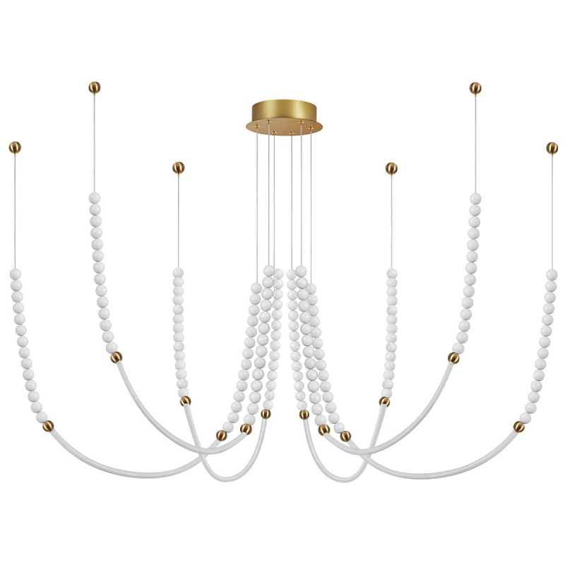Люстра подвесная с 6-ю изогнутыми плафонами и белыми декоративными шариками PEARLS Suspension Бронза Белый в Омске | Loft Concept 