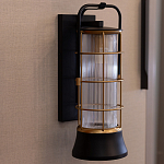 Настенный фонарь цилиндрической формы с рифленым стеклом в золотом каркасе на черном прямоугольном основании Eurofase варинант исполнения - 9 | Loft Concept в Омске