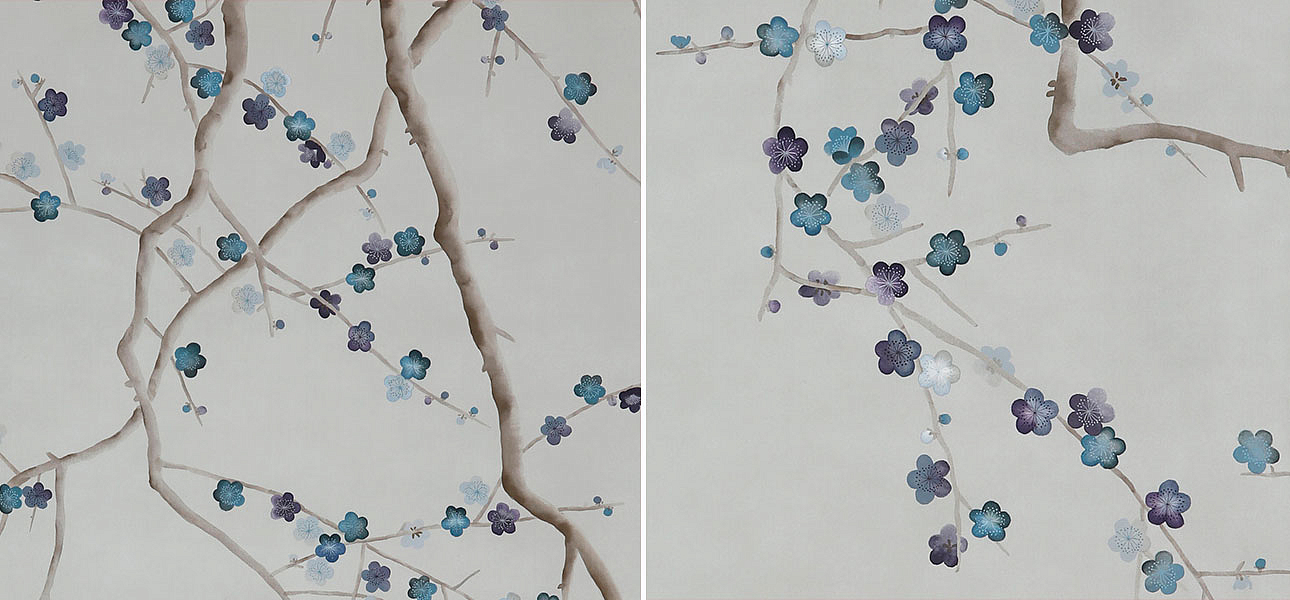 Обои ручная роспись Plum Blossom Colourway SC-81 on Oyster Shell metallic silk Обои ручная роспись Plum Blossom Colourway SC-81 on Oyster Shell metallic silk - Loft-Concept в Омске