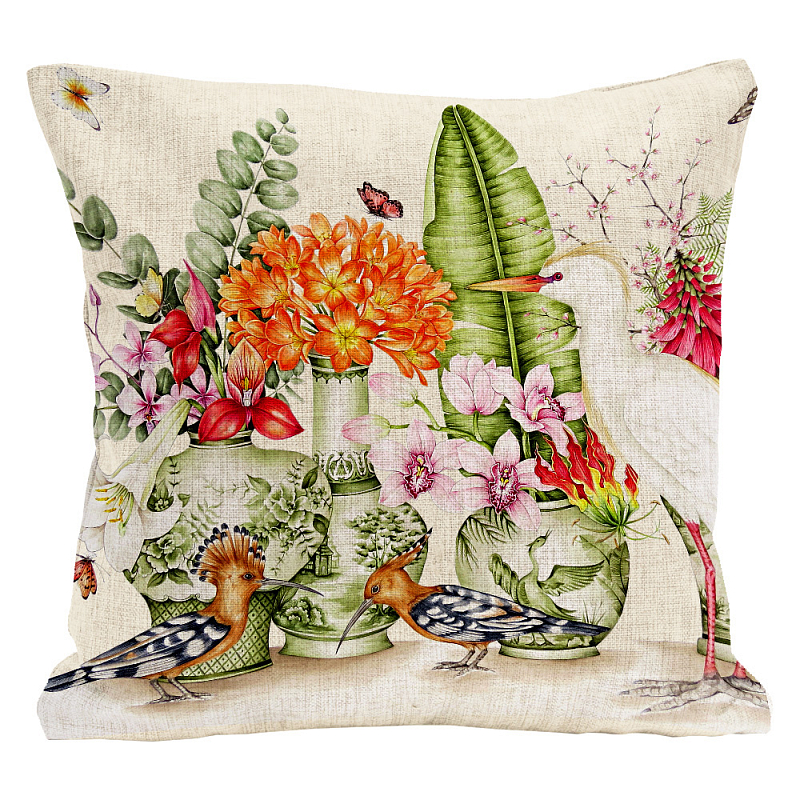 Декоративная подушка Hoopoes and Flowers Pillow Мульти Бежевый Декоративная подушка Hoopoes and Flowers Pillow Мульти Бежевый в Омске | Loft Concept