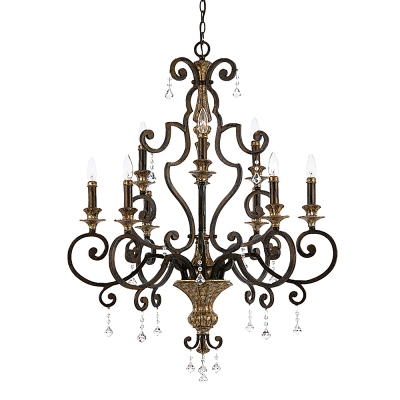 Люстра с подвесками из прозрачного стекла на кованом каркасе бронзового цвета в классическом стиле Quoizel Бронза Прозрачное Стекло Золотой в Омске | Loft Concept 