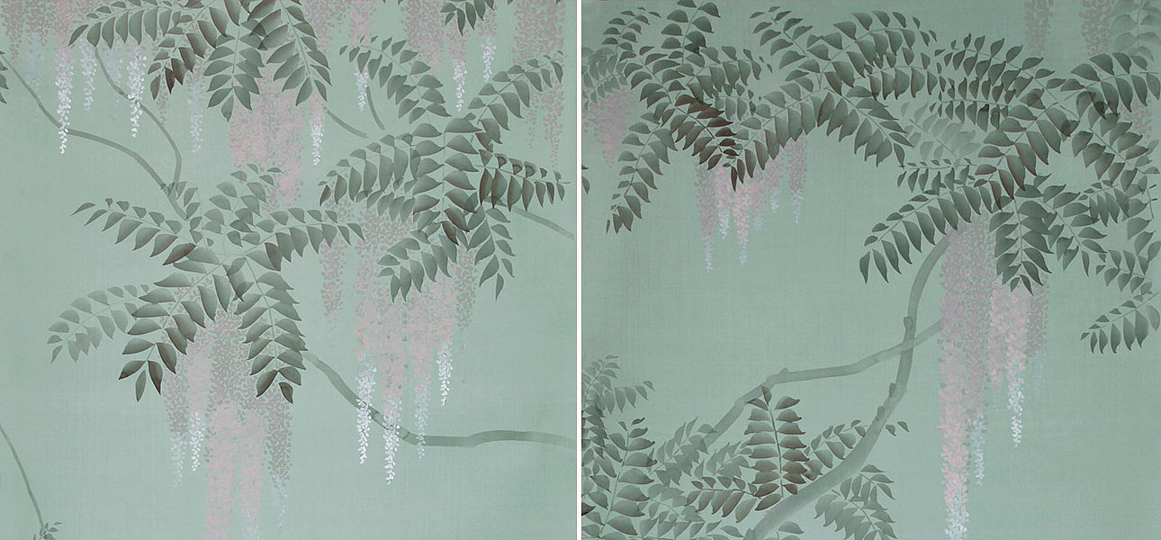 Обои в Японском стиле Wisteria Special Colourway on Blue Grey dyed silk Обои в Японском стиле Wisteria Special Colourway on Blue Grey dyed silk - Loft-Concept в Омске
