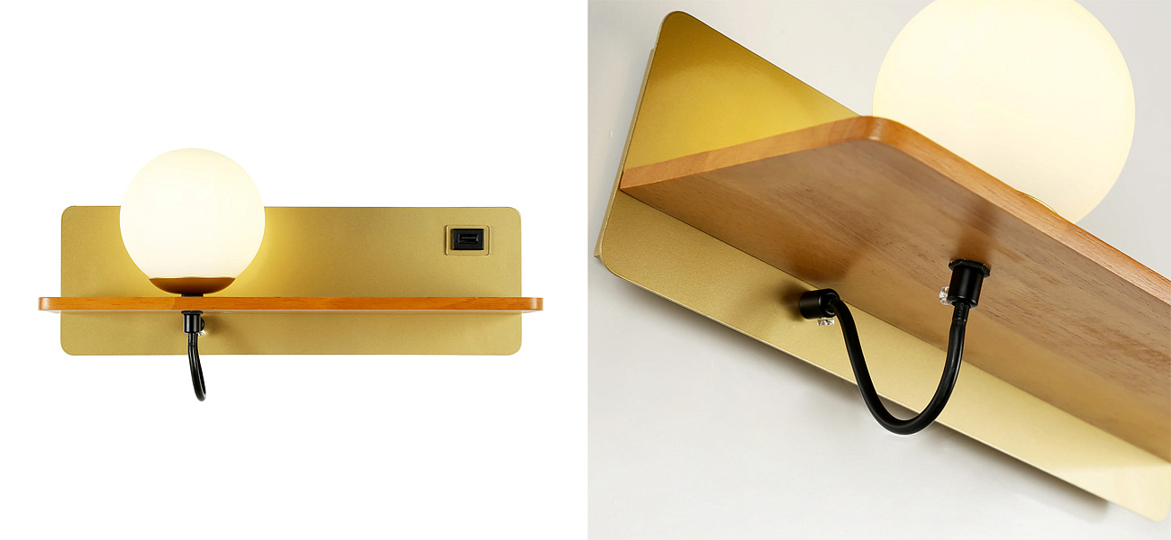 Бра с полкой Gold GAVIN WOOD USB - Loft-Concept в Омске