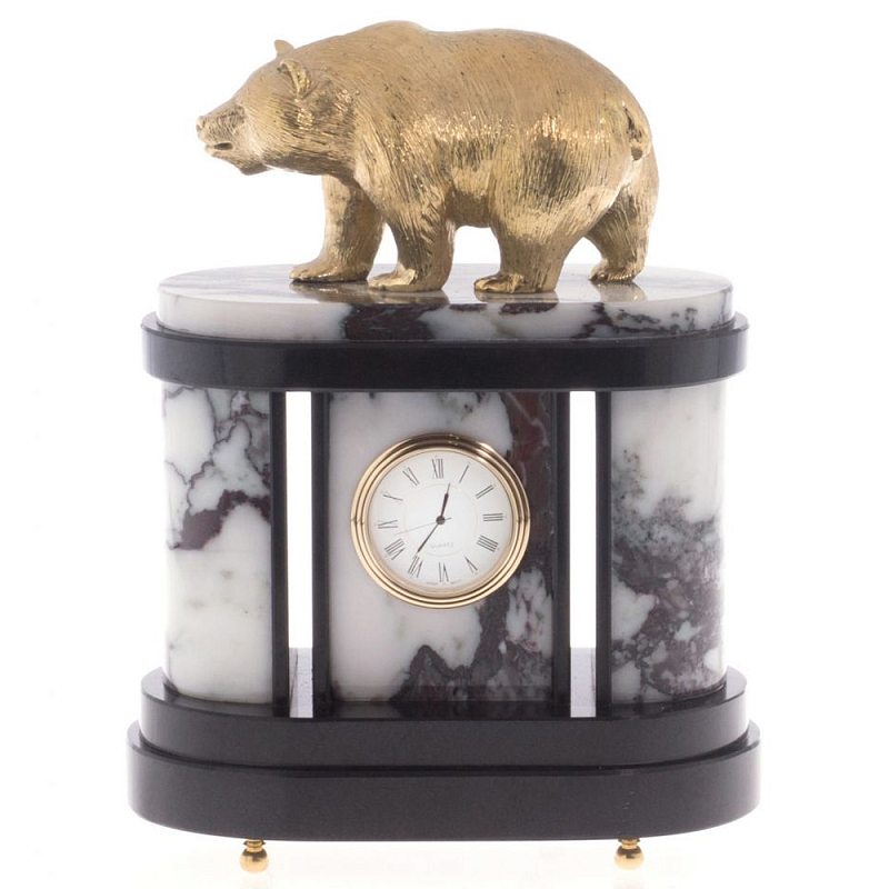 Часы настольные бронзовые с декором в виде медведя Bear Stone Clock Черный Бронза Коричневый Белый Часы настольные бронзовые с декором в виде медведя Bear Stone Clock Черный Бронза Коричневый Белый в Омске | Loft Concept