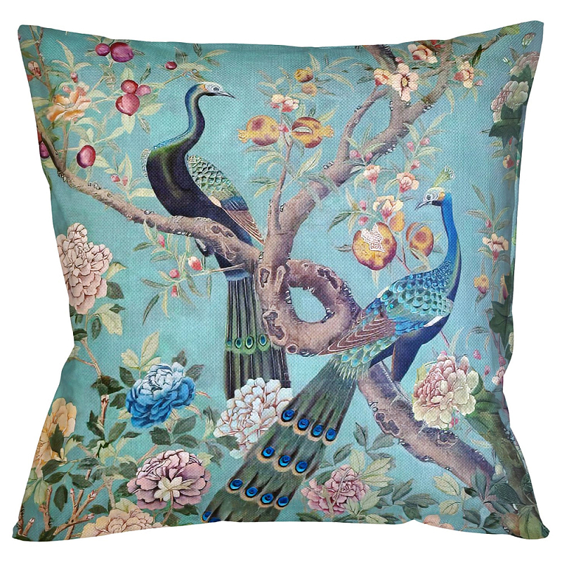 Подушка декоративная с изображением птиц в саду Chinoiserie Garden Two Peacocks Cushion Бирюзовый Мульти в Омске | Loft Concept 