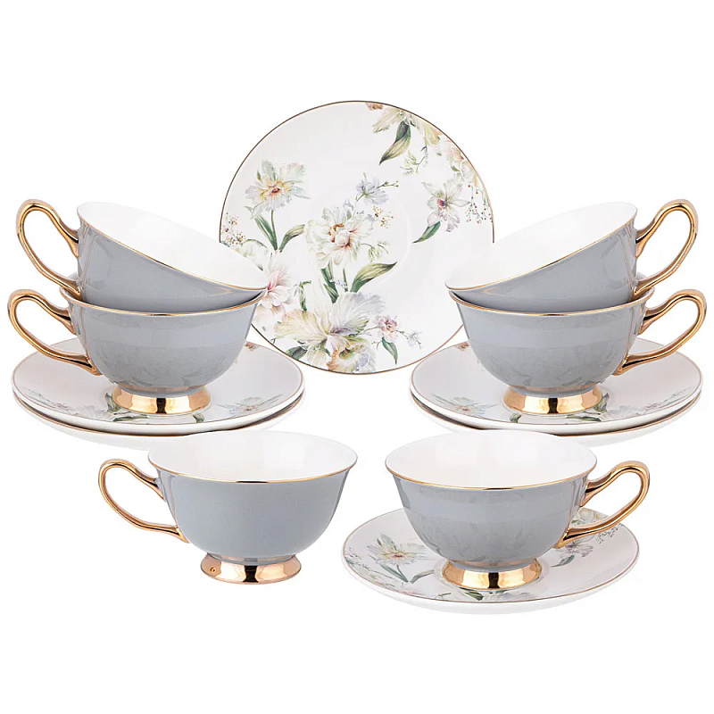 Чайный набор из фарфора на 6 персон Grey Tea Porcelain Set Белый Золотой Серый в Омске | Loft Concept 