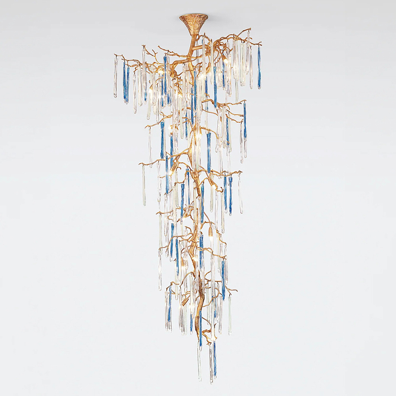 Люстра каскадная с прозрачными и голубыми подвесками в форме капель Droplet Chandelier Золотой Прозрачный Голубой Люстра каскадная с прозрачными и голубыми подвесками в форме капель Droplet Chandelier Золотой Прозрачный Голубой в Омске | Loft Concept