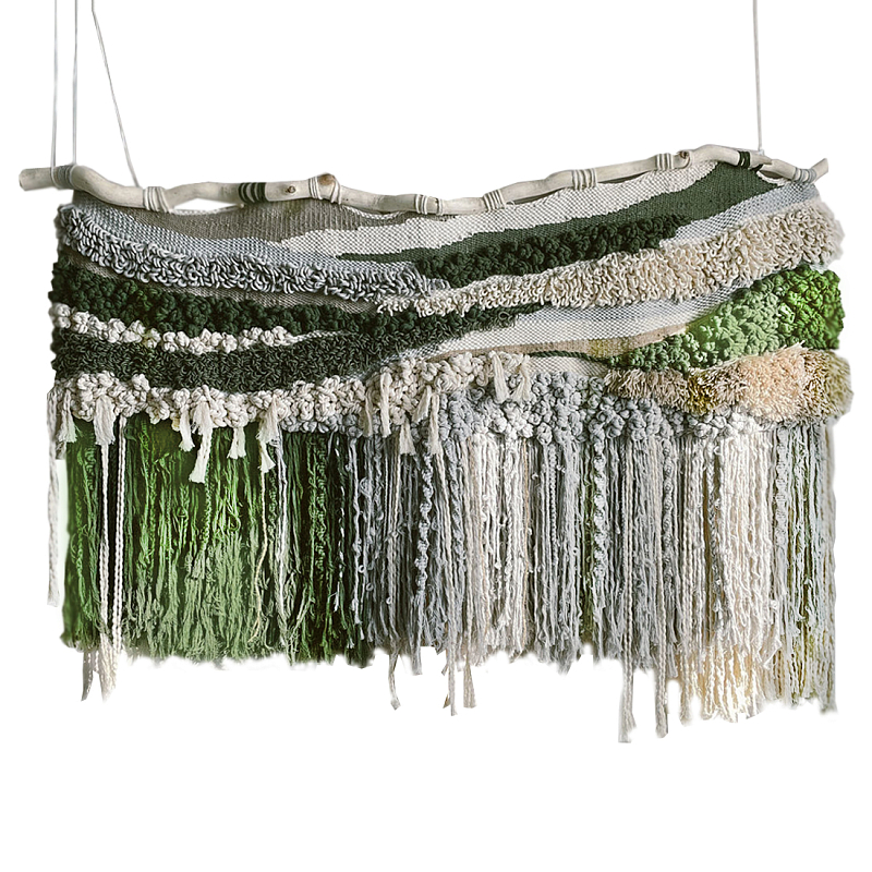 Дизайнерское текстильное Панно с зелеными вставками Бежевый Коричневый Зеленый в Омске | Loft Concept 