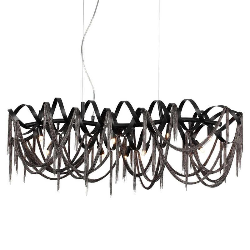 Люстра подвесная линейная с переплетенными металлическими лентами и цепочками Atlantis Chain Черный Коричневый в Омске | Loft Concept 