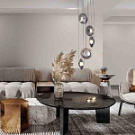 Люстра каскадная с 5-ю круглыми стеклянными плафонами дымчатого цвета и черными деталями Orbit Serenade варинант исполнения - 4 | Loft Concept в Омске