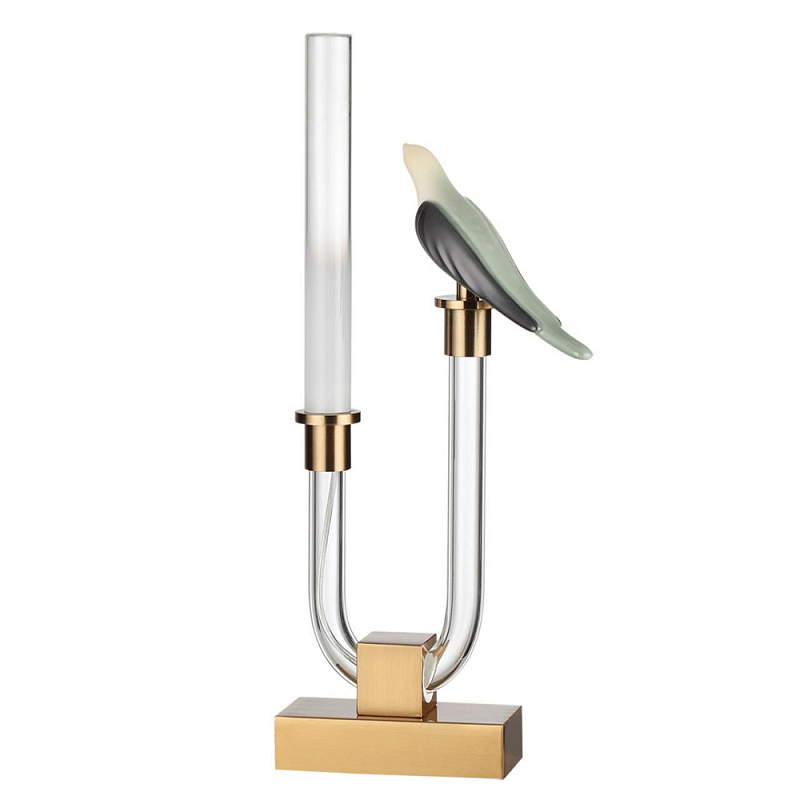 Настольная лампа с прозрачной трубкой и декоративной фигуркой птицы на бронзовой подставке Ganthea Бронза Белый в Омске | Loft Concept 