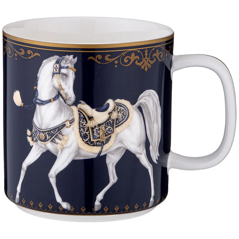 Кружка из фарфора синяя с изображением лошадей 400 мл Porcelain Horse Set Белый Синий Золотой в Омске | Loft Concept 