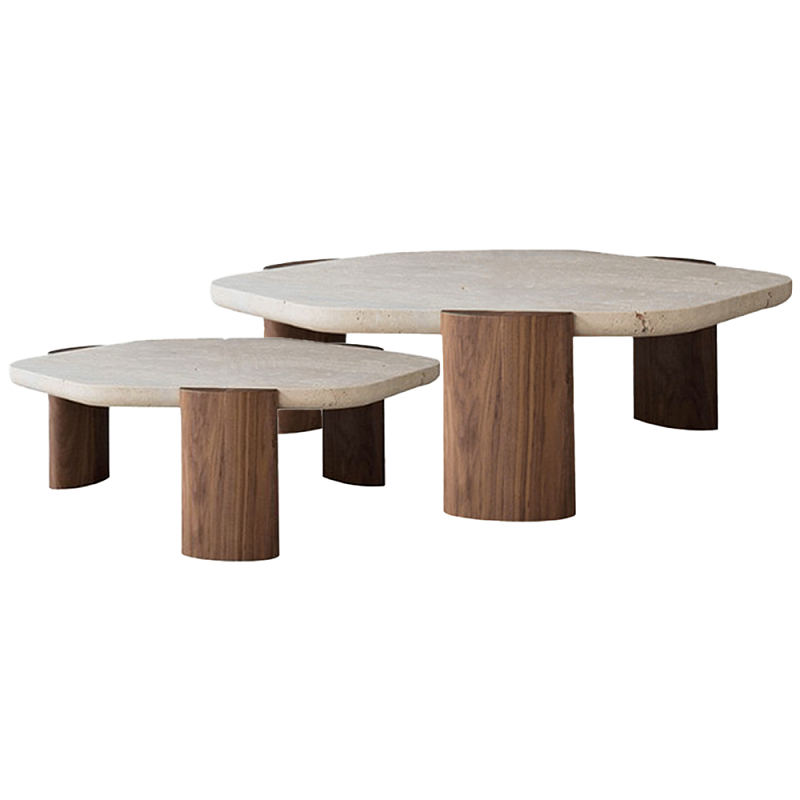 Комплект из 2-ух кофейных столов Gene Stone Wooden Coffee Table Бежево-серый Коричневый Орех в Омске | Loft Concept 