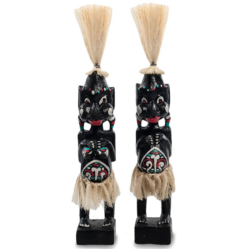 Комплект из 2-х деревянных статуэток Asmat Straw Headdress Statuettes Black Turquoise Черный Бежевый Белый Бирюзовый Мульти в Омске | Loft Concept 