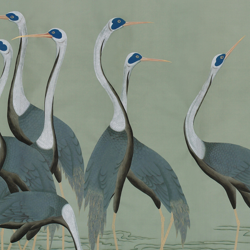 Обои ручная роспись Sarus Cranes Colourway SC-206 on Blue Grey dyed silk Обои ручная роспись Sarus Cranes Colourway SC-206 on Blue Grey dyed silk в Омске | Loft Concept