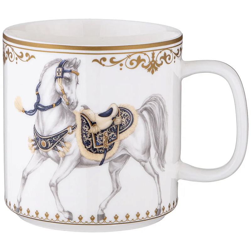 Кружка из фарфора белая с изображением лошади 400 мл Porcelain Horse Set Белый Синий Золотой в Омске | Loft Concept 