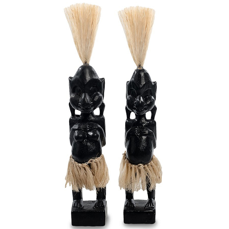 Комплект из 2-х деревянных статуэток Asmat Straw Headdress Statuettes Black Черный Бежевый в Омске | Loft Concept 