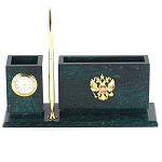 Настольный письменный набор с гербом России и часами из природного камня змеевик Successful Leader варинант исполнения - 1 | Loft Concept в Омске