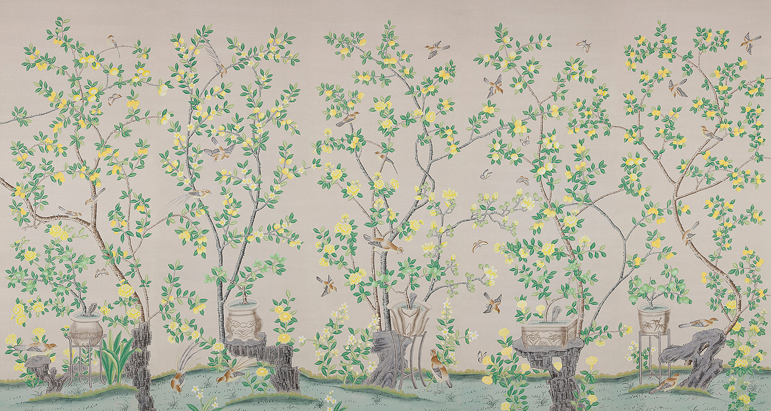 Обои ручная роспись Jardinieres & Citrus Trees Silver metallic Обои ручная роспись Jardinieres & Citrus Trees Silver metallic - Loft-Concept в Омске