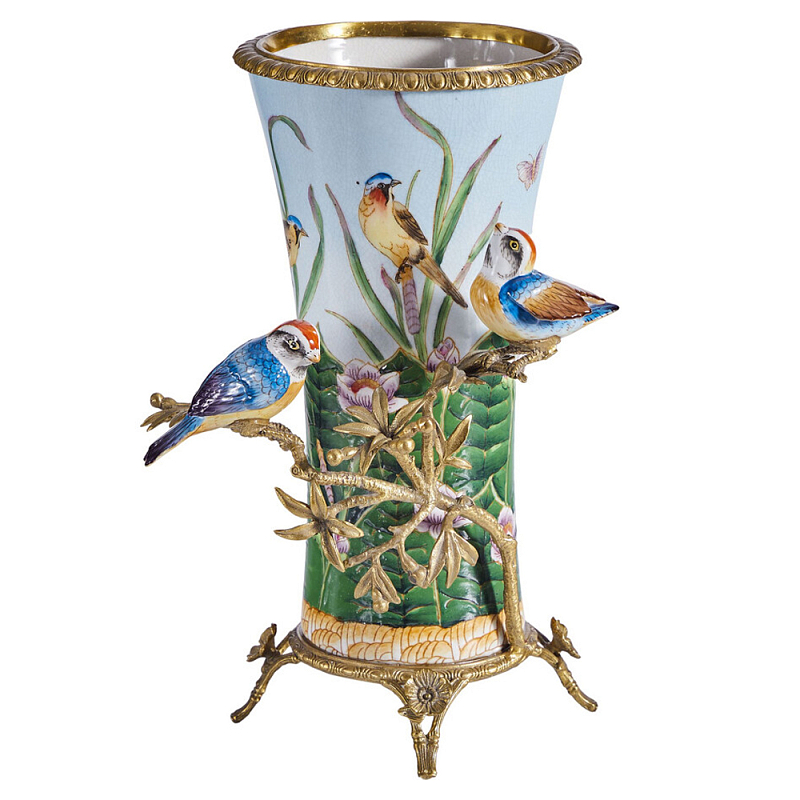 Ваза из фарфора с птицами на бронзовой ветке Garden of Eden Бронза Мульти в Омске | Loft Concept 