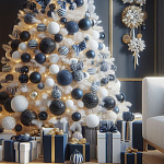 Украшенная Белая Новогодняя Елка с сине-белыми шарами и и муляжами подарков в комплекте варинант исполнения - 2 | Loft Concept в Омске