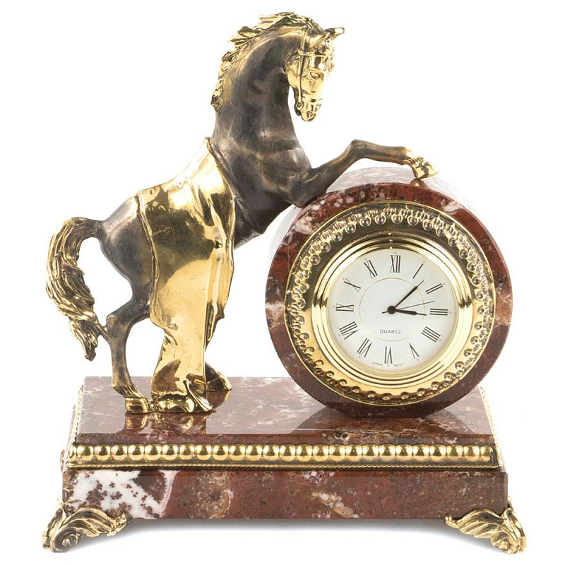 Часы настольные бронзовые с декором в виде коня Horse Stone Clock Коричневый Зеленый Бронза Черный Белый Часы настольные бронзовые с декором в виде коня Horse Stone Clock Коричневый Зеленый Бронза Черный Белый в Омске | Loft Concept