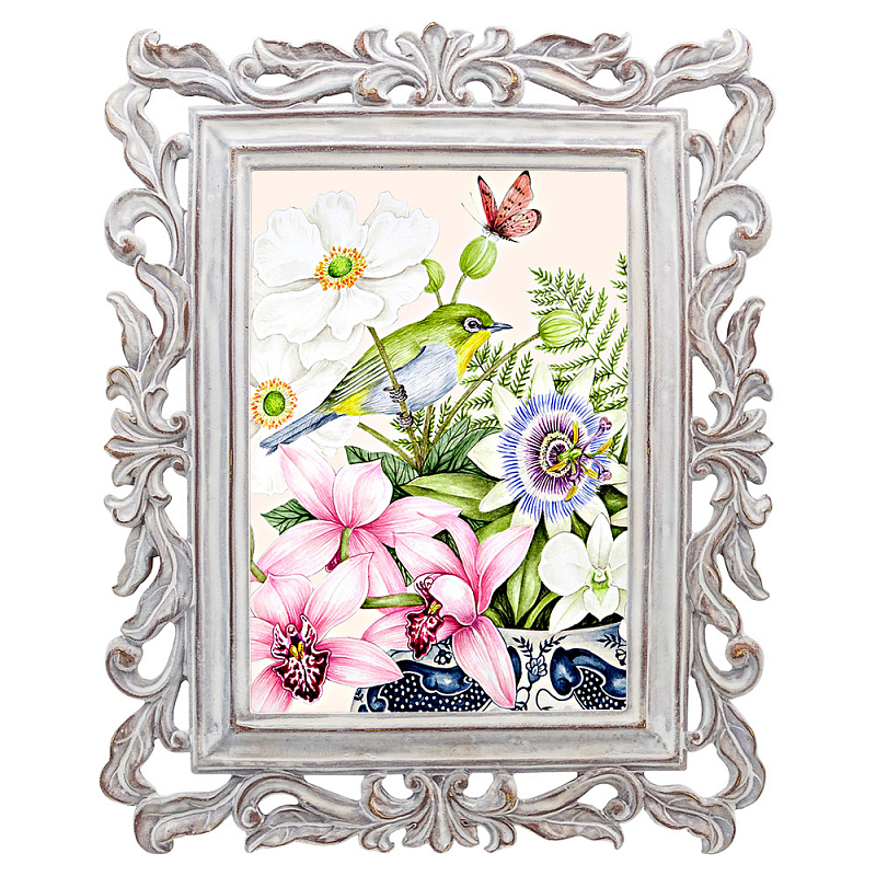 Постер Bird on Exotic Flowers Poster Мульти Белый винтажная патина Постер Bird on Exotic Flowers Poster Мульти Белый винтажная патина в Омске | Loft Concept