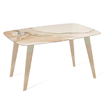 Обеденный стол с прямоугольной бежевой столешницей из стекла на 4-х деревянных ножках Beige Marble варинант исполнения - 1 | Loft Concept в Омске