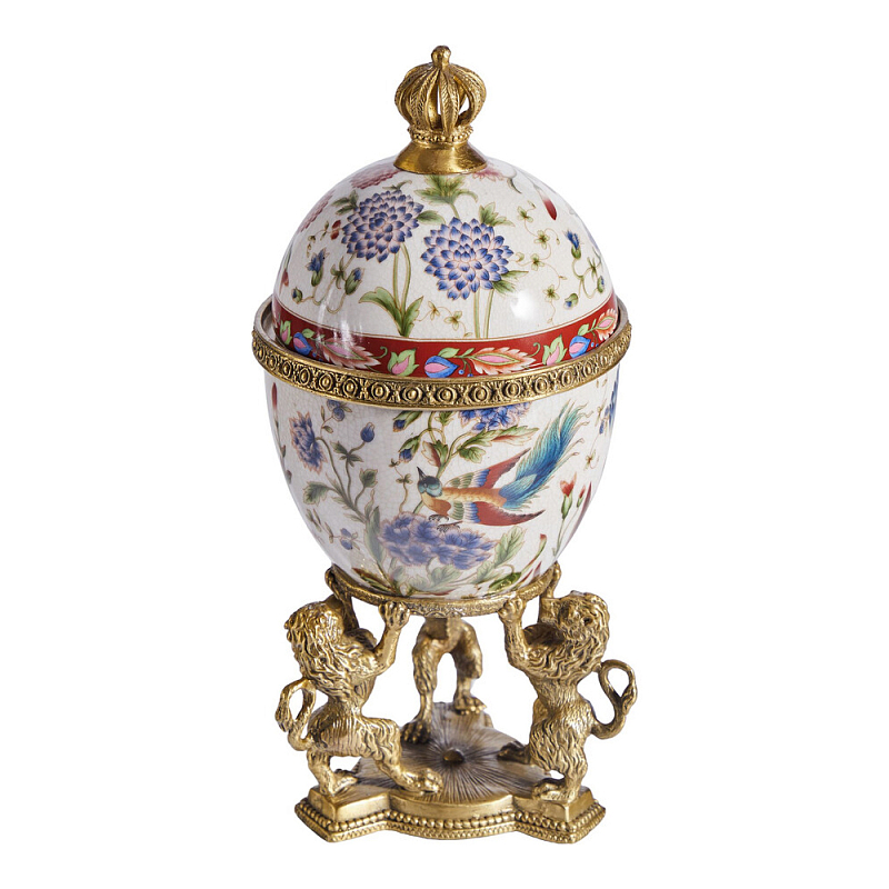 Шкатулка в форме яйца на величественных львах из фарфора с бронзовыми элементами Eden Garden Белый Черный Бронза Мульти в Омске | Loft Concept 