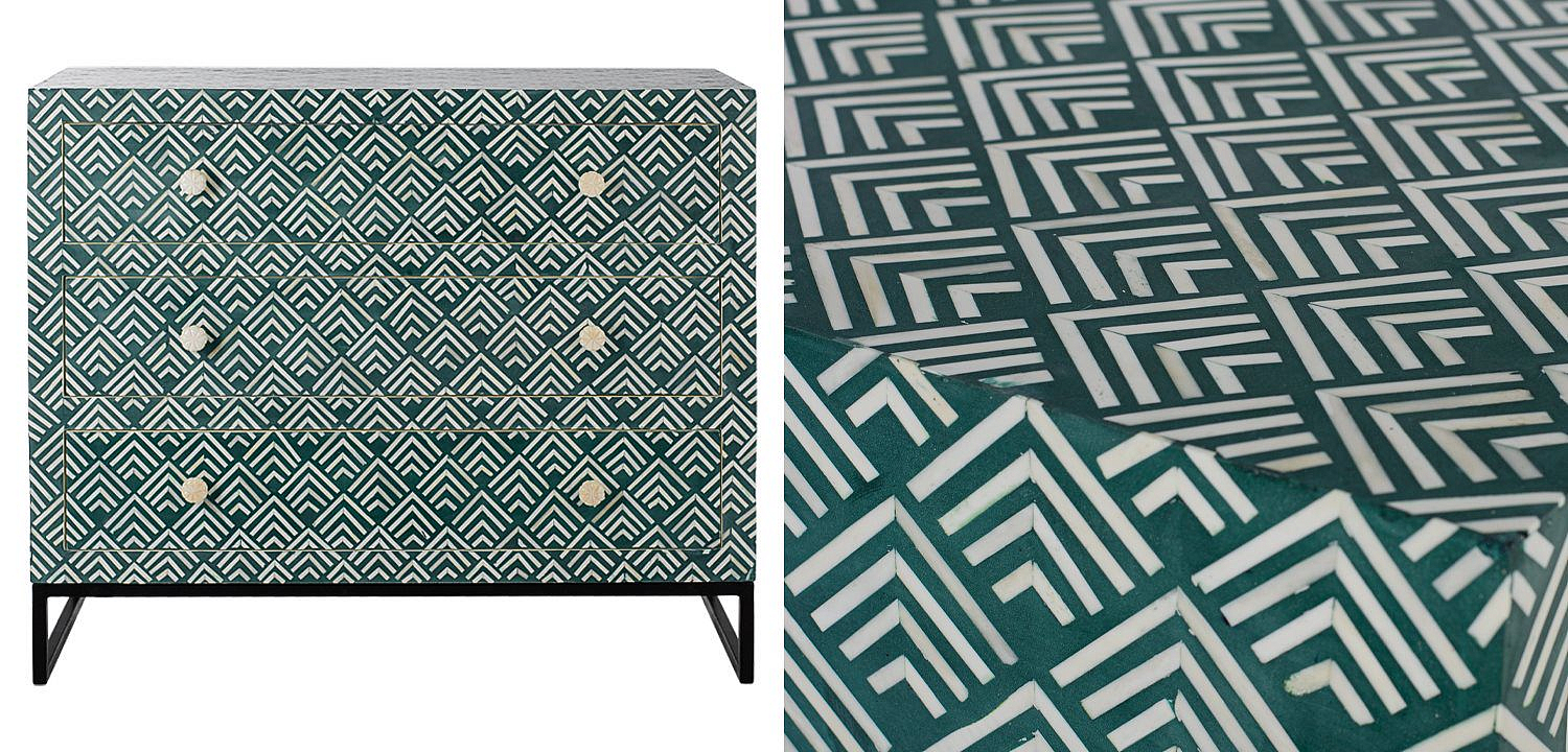 Комод инкрустация костью Green Indian Bone Inlay 3 drawer Зеленый Комод инкрустация костью Green Indian Bone Inlay 3 drawer Зеленый - Loft-Concept в Омске