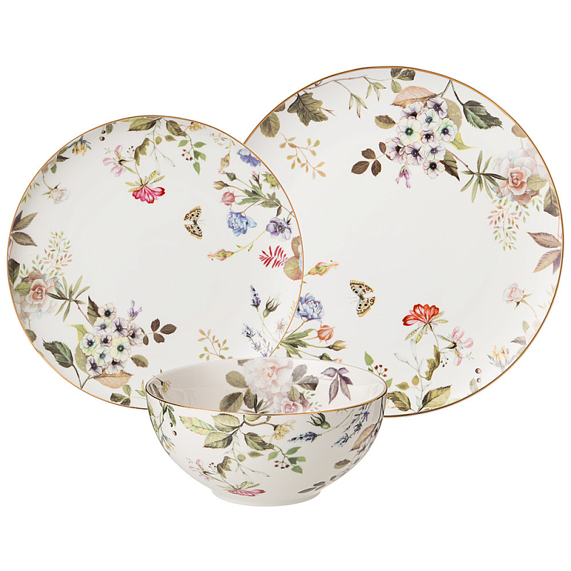 Набор посуды обеденный на 4 персоны 12 предметов Garden Whisper Porcelain Set Белый Мульти Набор посуды обеденный на 4 персоны 12 предметов Garden Whisper Porcelain Set Белый Мульти в Омске | Loft Concept