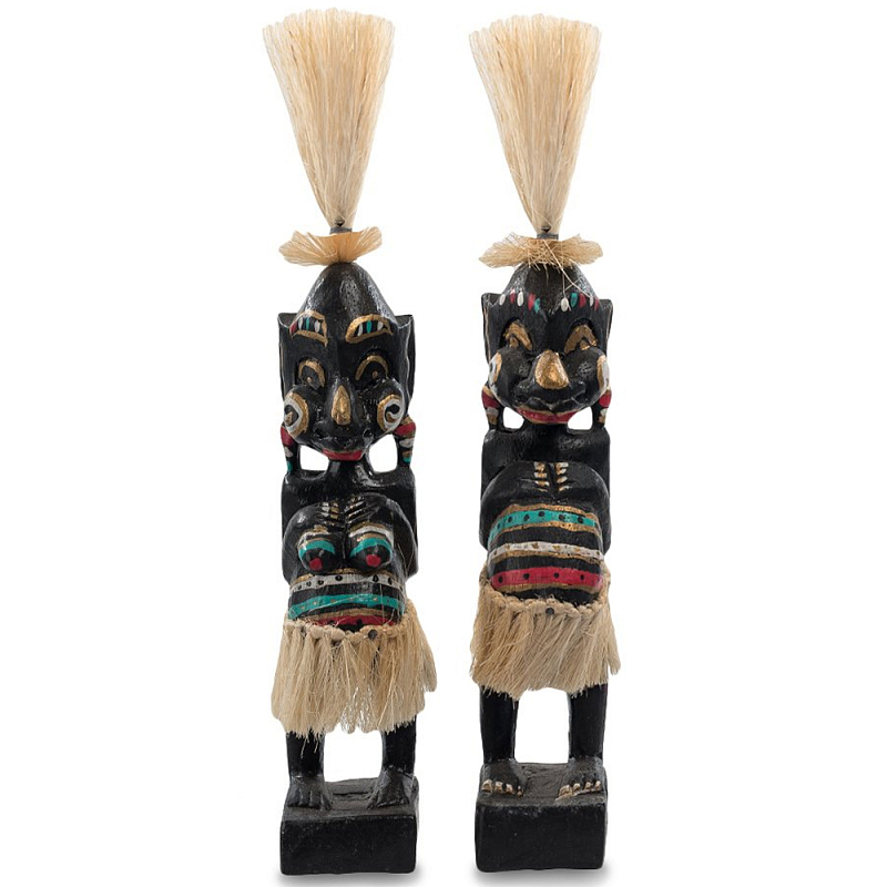 Комплект из 2-х деревянных статуэток Asmat Straw Headdress Statuettes Black Colorful Tattoo Черный Бежевый Мульти Бирюзовый Красный в Омске | Loft Concept 