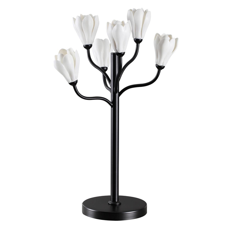 Настольная лампа с ветвями и белыми фарфоровыми цветами Floralis Черный Белый в Омске | Loft Concept 